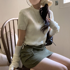 스토커 반목 반팔 골지 옆셔링 리본 트임 워머 세트 아이보리