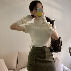 스토커 반목 반팔 골지 옆셔링 리본 트임 워머 세트 아이보리