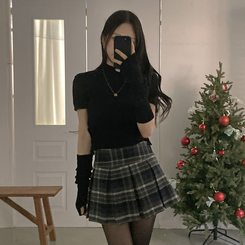 스토커 반목 반팔 골지 옆셔링 리본 트임 워머 세트 블랙