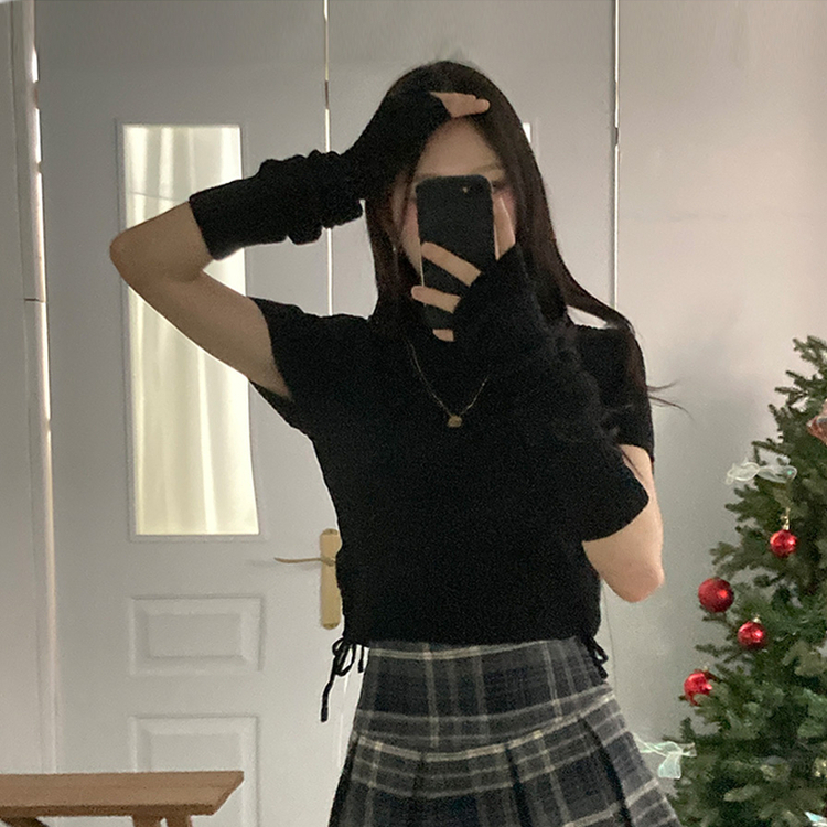 스토커 반목 반팔 골지 옆셔링 리본 트임 워머 세트 블랙