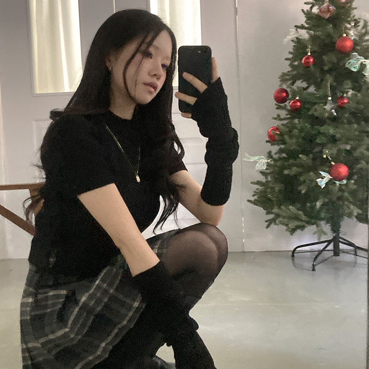 스토커 반목 반팔 골지 옆셔링 리본 트임 워머 세트 블랙