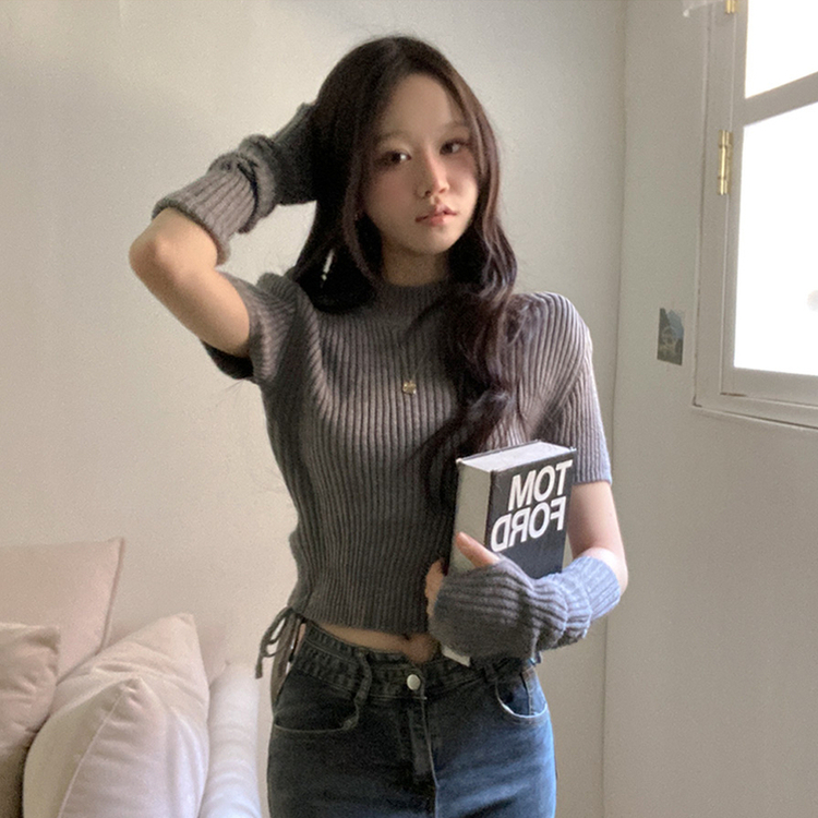 스토커 반목 반팔 골지 옆셔링 리본 트임 워머 세트 그레이