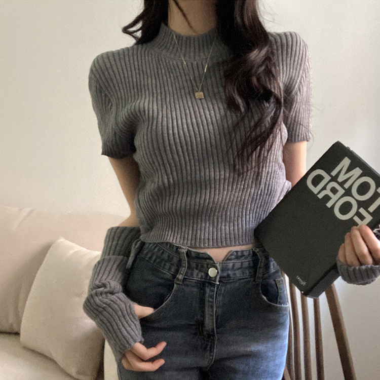 스토커 반목 반팔 골지 옆셔링 리본 트임 워머 세트 그레이