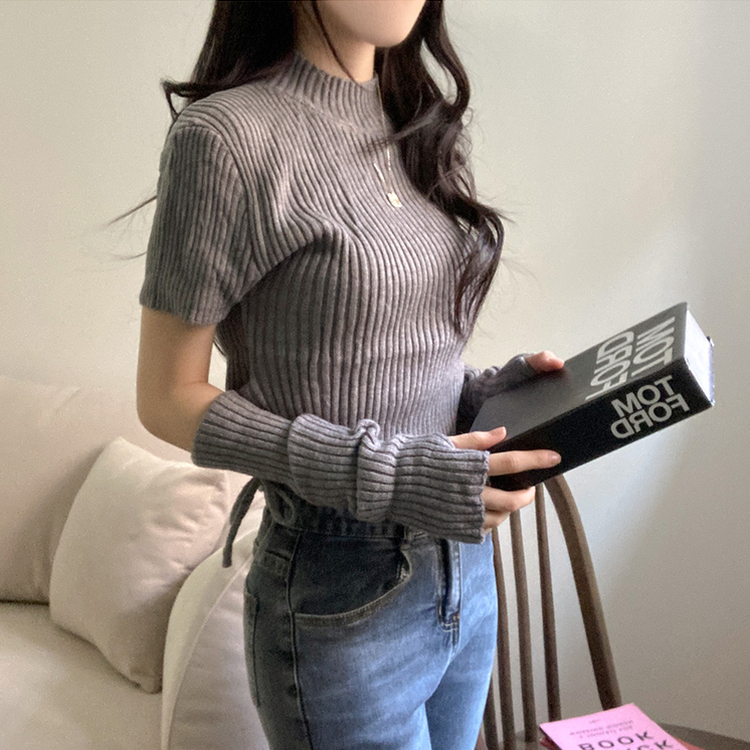 스토커 반목 반팔 골지 옆셔링 리본 트임 워머 세트 그레이