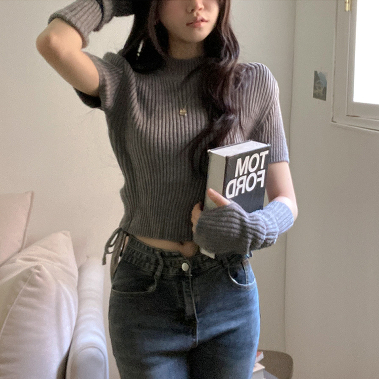 스토커 반목 반팔 골지 옆셔링 리본 트임 워머 세트 그레이