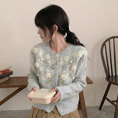 혜교 뜨개 포근 입체 꽃 자수 가디건 그레이