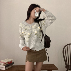 혜교 뜨개 포근 입체 꽃 자수 가디건 그레이