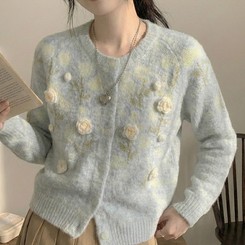 혜교 뜨개 포근 입체 꽃 자수 가디건 그레이