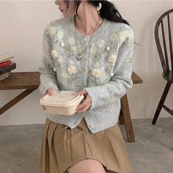 혜교 뜨개 포근 입체 꽃 자수 가디건 그레이
