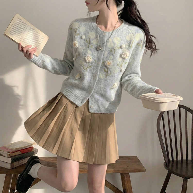 혜교 뜨개 포근 입체 꽃 자수 가디건 그레이