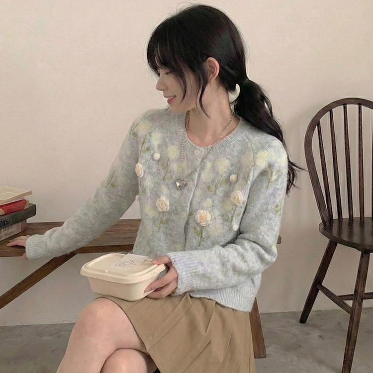혜교 뜨개 포근 입체 꽃 자수 가디건 그레이