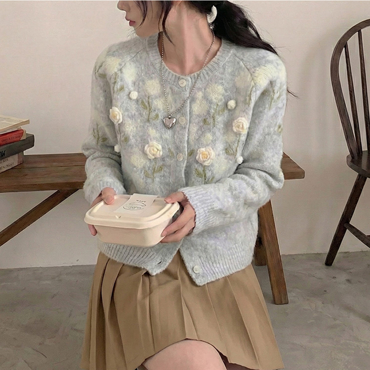 혜교 뜨개 포근 입체 꽃 자수 가디건 그레이