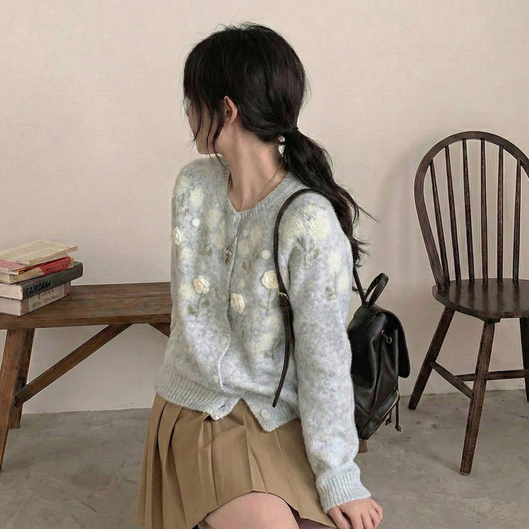 혜교 뜨개 포근 입체 꽃 자수 가디건 그레이