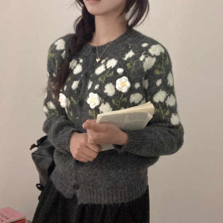 혜교 뜨개 포근 입체 꽃 자수 가디건 차콜