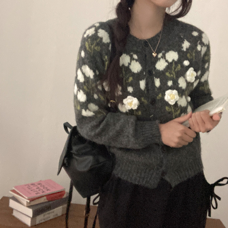 혜교 뜨개 포근 입체 꽃 자수 가디건 차콜