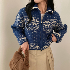 렛잇스노우 눈꽃 노르딕 투웨이 니트 집업 점퍼 네이비