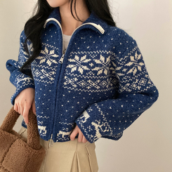 렛잇스노우 눈꽃 노르딕 투웨이 니트 집업 점퍼 네이비