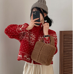 렛잇스노우 눈꽃 노르딕 투웨이 니트 집업 점퍼 레드