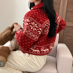 렛잇스노우 눈꽃 노르딕 투웨이 니트 집업 점퍼 레드