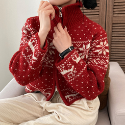 렛잇스노우 눈꽃 노르딕 투웨이 니트 집업 점퍼 레드