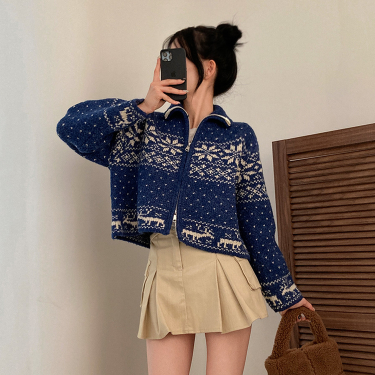 렛잇스노우 눈꽃 노르딕 투웨이 니트 집업 점퍼 네이비