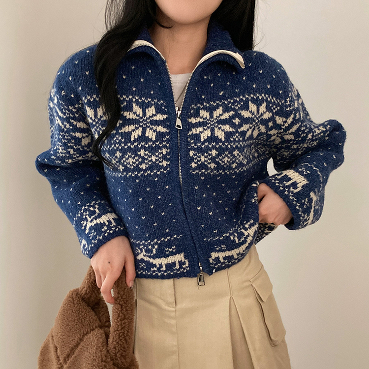 렛잇스노우 눈꽃 노르딕 투웨이 니트 집업 점퍼 네이비