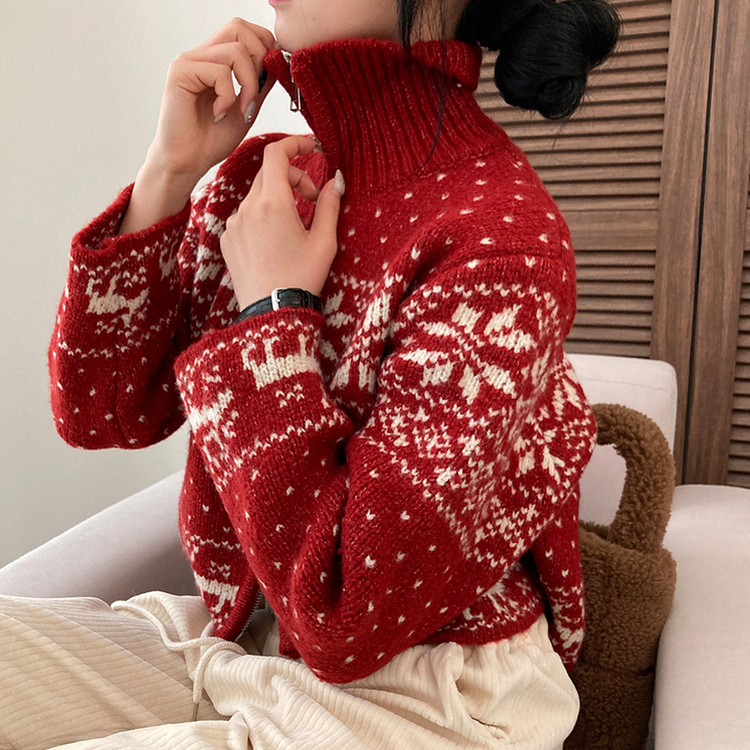 렛잇스노우 눈꽃 노르딕 투웨이 니트 집업 점퍼 레드