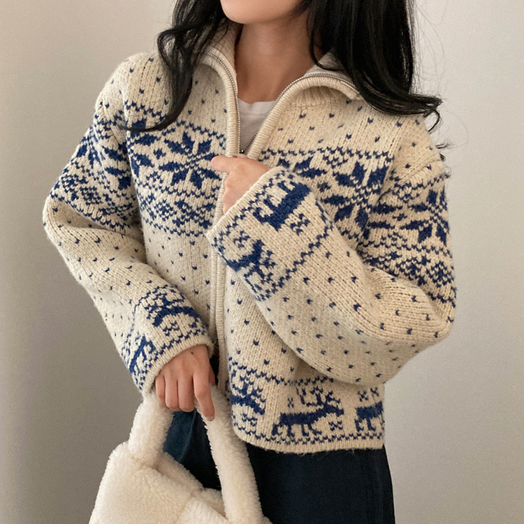 렛잇스노우 눈꽃 노르딕 투웨이 니트 집업 점퍼 베이지
