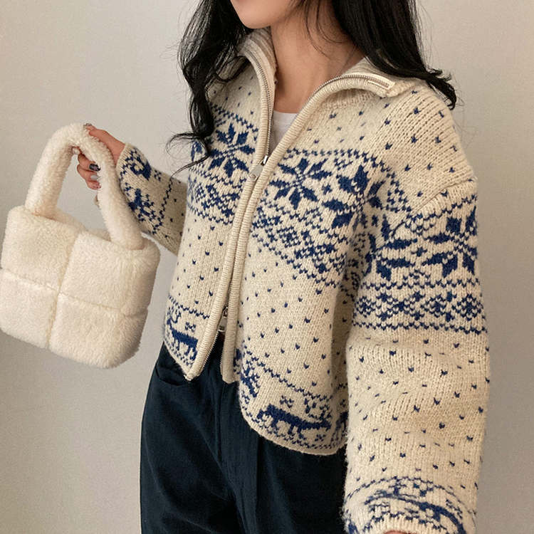 렛잇스노우 눈꽃 노르딕 투웨이 니트 집업 점퍼 베이지