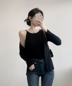 【SET】ホールターキャミソールニット カーディガン(5color) BLACK