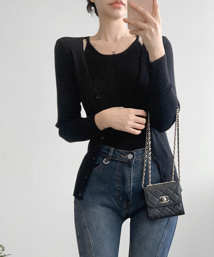 【SET】ホールターキャミソールニット カーディガン(5color) BLACK