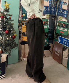 (융털기모) 벌룬 와이드 핀턱 데님 팬츠 흑청