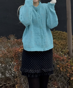 도트 러플 니트 미니 스커트 블랙