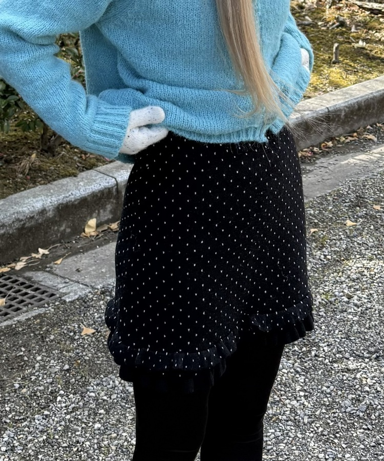 도트 러플 니트 미니 스커트 블랙