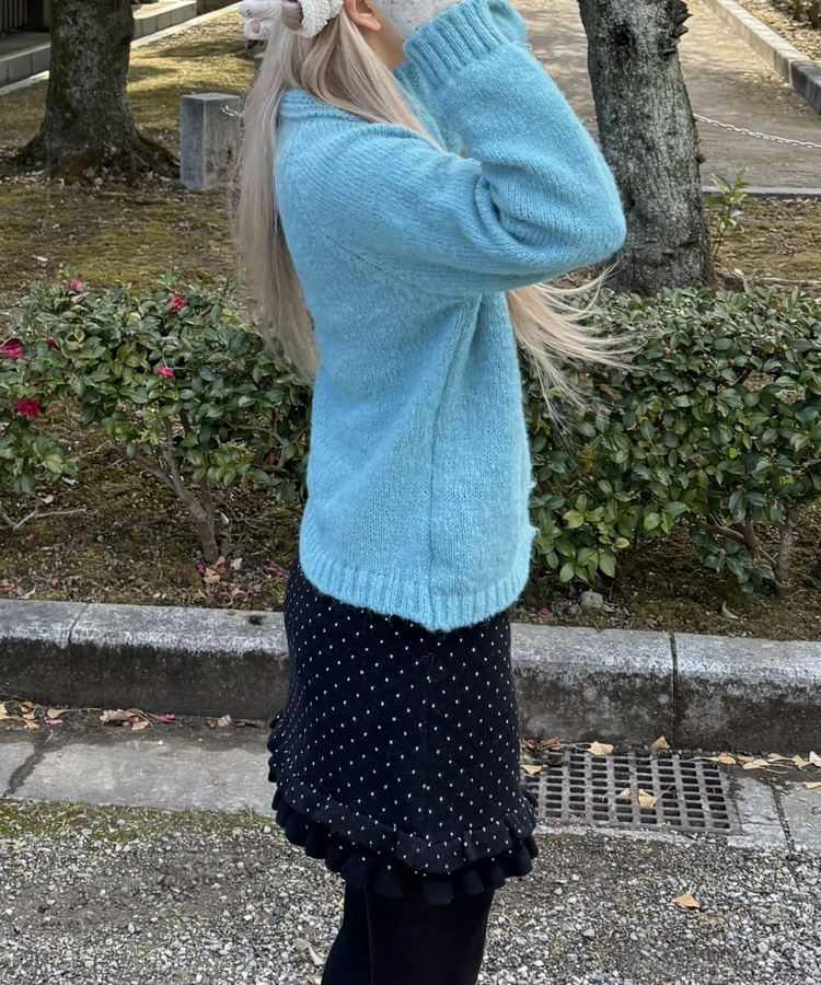 도트 러플 니트 미니 스커트 블랙