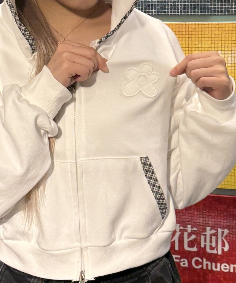 플라워 체크 후드 집업 아이보리