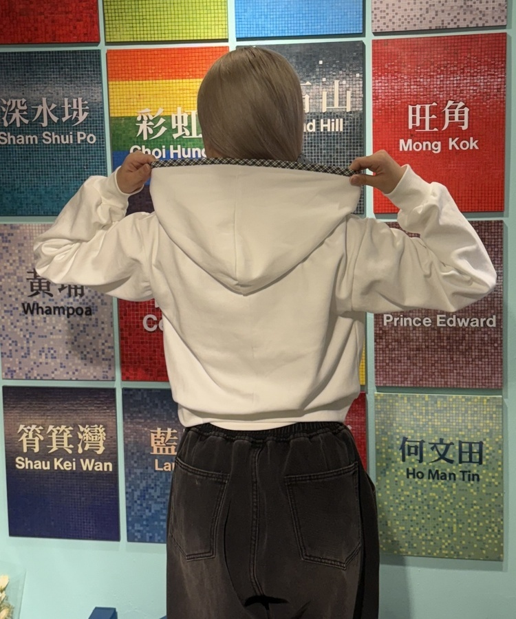 플라워 체크 후드 집업 아이보리