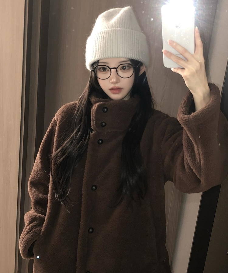 ハイネックツーボタンファーウールコート BROWN