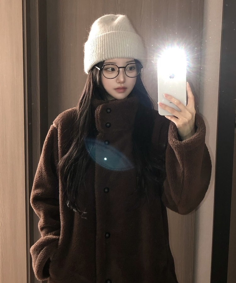 ハイネックツーボタンファーウールコート BROWN