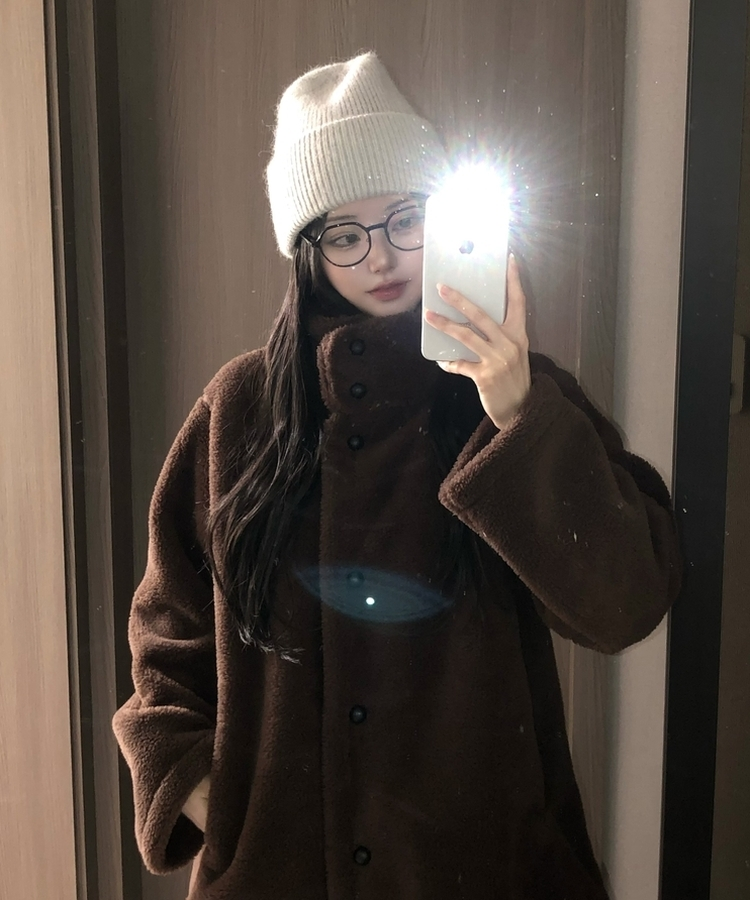 ハイネックツーボタンファーウールコート BROWN