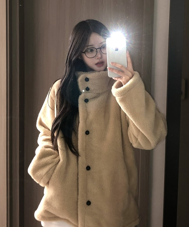 ハイネックツーボタンファーウールコート BEIGE