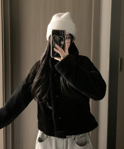 ハイネックツーボタンファーウールコート BLACK