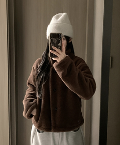 ハイネックツーボタンファーウールコート BROWN