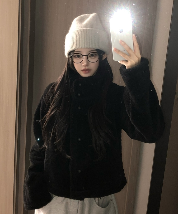 ハイネックツーボタンファーウールコート BLACK