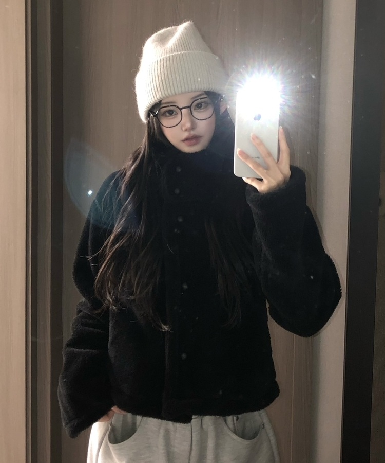 ハイネックツーボタンファーウールコート BLACK