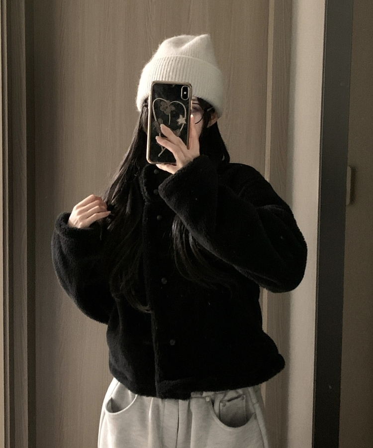 ハイネックツーボタンファーウールコート BLACK