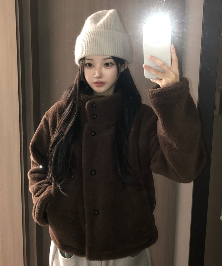 ハイネックツーボタンファーウールコート BROWN