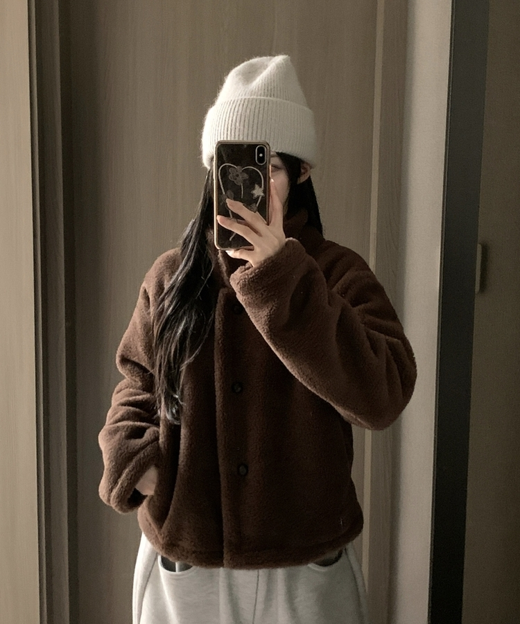 ハイネックツーボタンファーウールコート BROWN