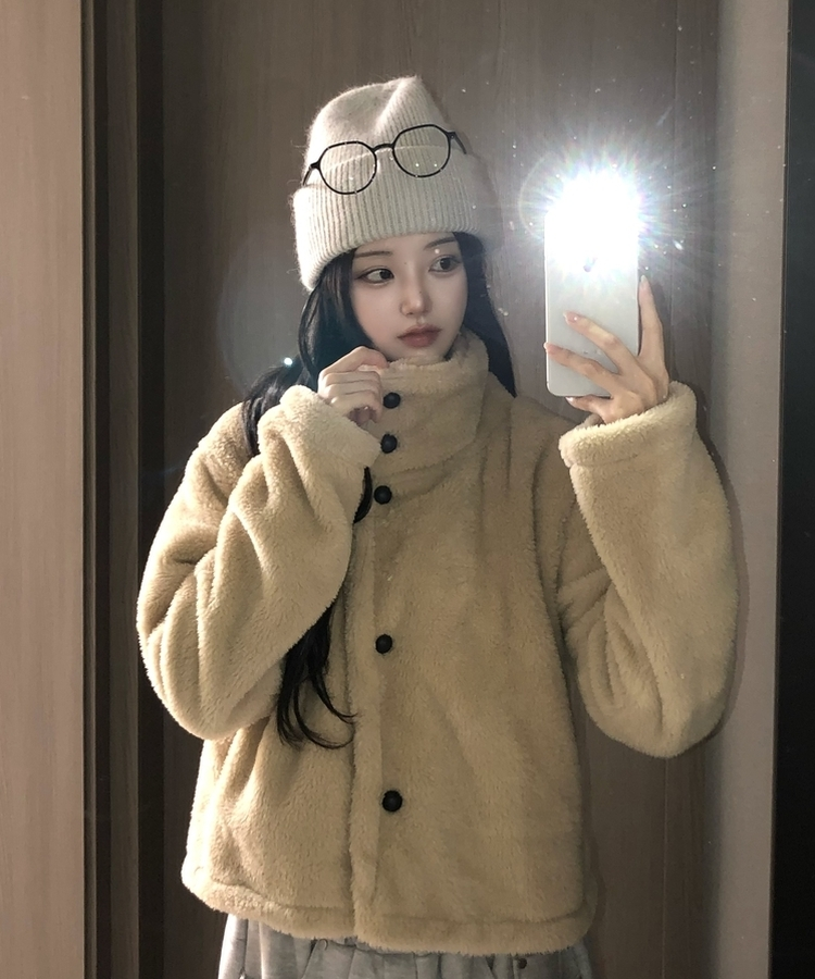 ハイネックツーボタンファーウールコート BEIGE