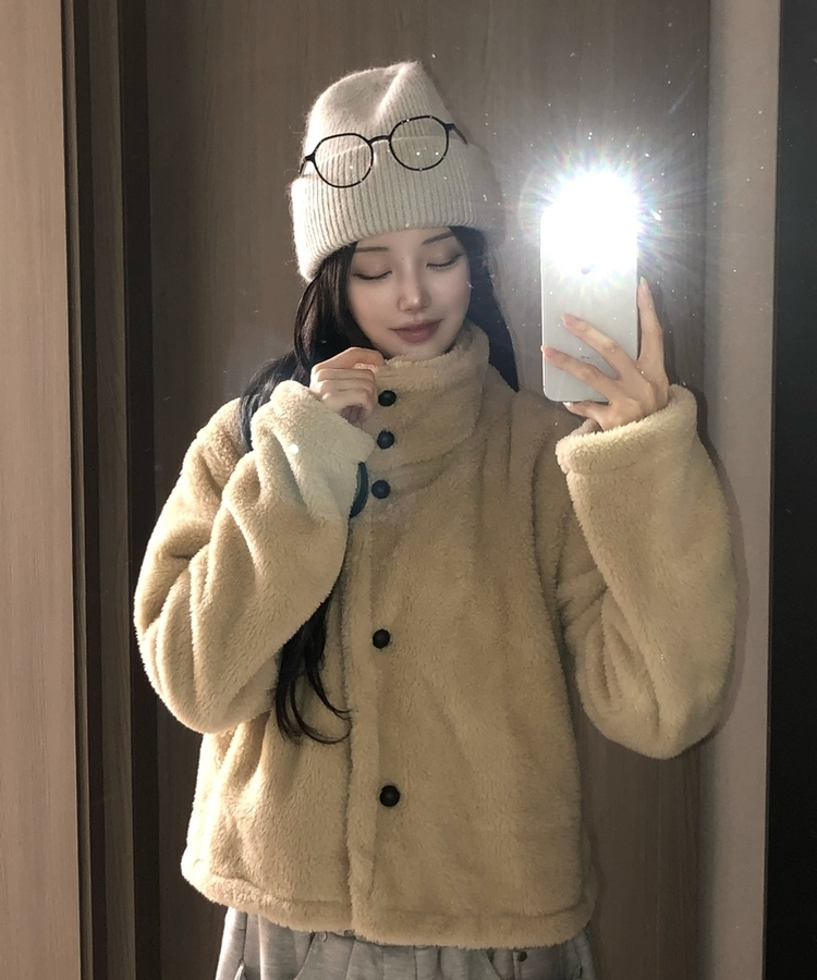 ハイネックツーボタンファーウールコート BEIGE